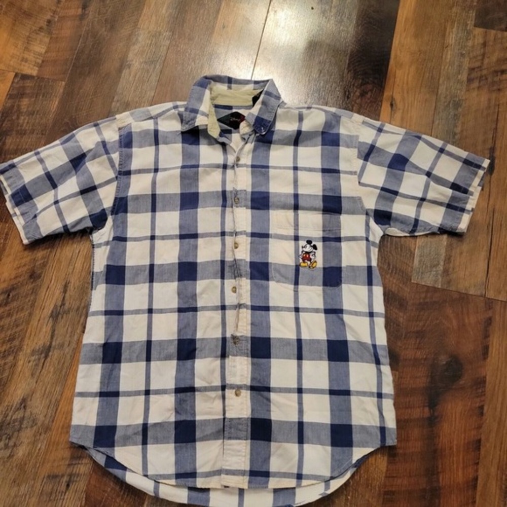 Vintage Disney Button Front‎ Shirt Mens medium Mickey Mouse Collared Plaid White